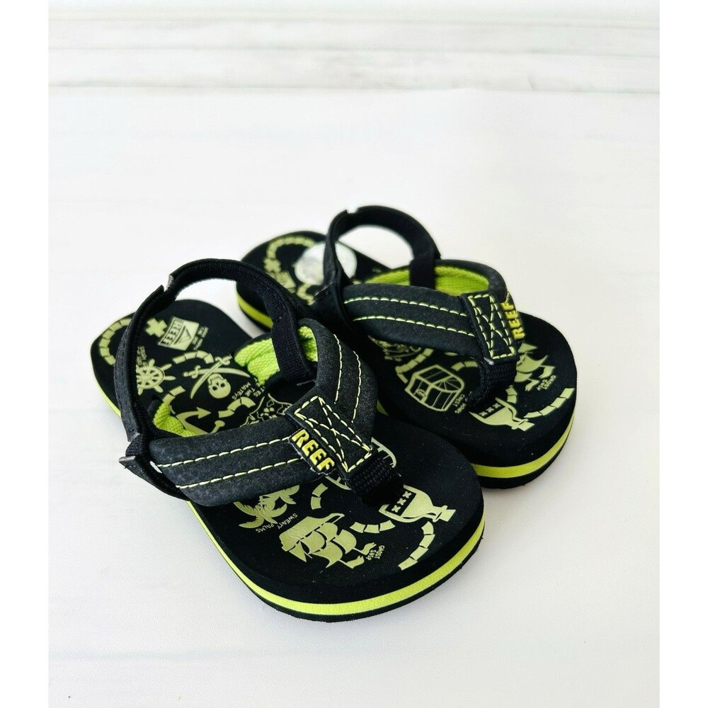 NWOT Reef Toddler Flip Flop Sandal Slip On Black Green Pirate 3/4